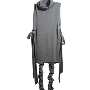 Rivir Sleeveless Mock Neck Top Gray Cut Out‎ Tie Detail Rouched Pants Set